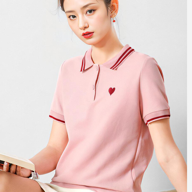 刺绣舒适短袖女T恤翻领气质POLO