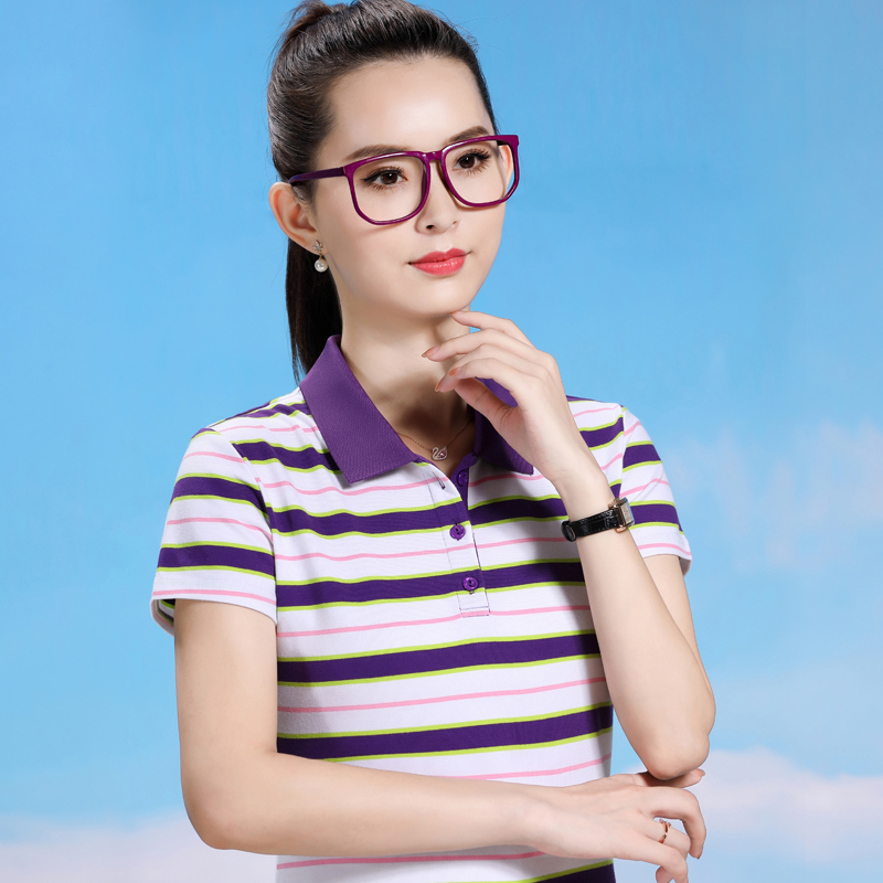 新奇鼠条纹女T恤纯棉运动POLO衫