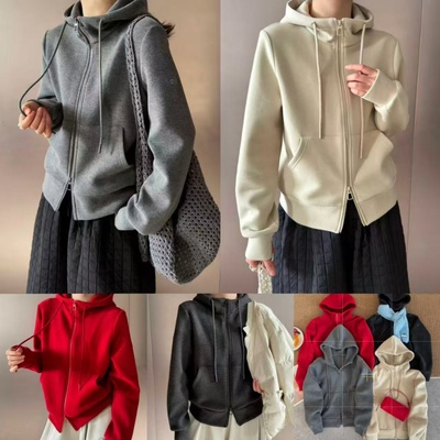 2025冬新款通勤风德绒宽松连帽拉链开衫外套加绒红色减龄卫衣女