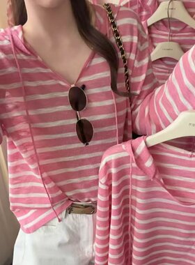 2026夏新薄款冰丝防晒罩衫休闲慵懒风戴帽宽松条纹长袖T恤女上衣