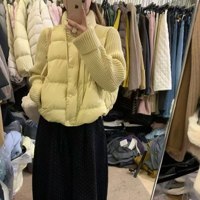 2025冬新款短款黄色羽绒服加厚针织袖拼接设计感小个子立领外套女