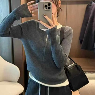 减龄灰色细羊毛上衣 针织衫 2525年冬新款 假两件撞色V领毛衣女长袖