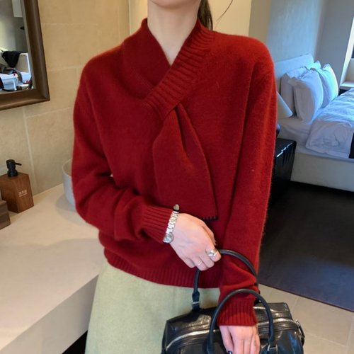 2025冬新款V领交叉设计女宽松假两件针织衫名媛气质羊毛红色毛衣
