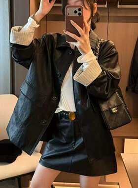 2026秋新款廓形皮衣外套女中长款条纹撞色设计感酷飒风大衣
