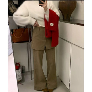 2025冬新款高腰假两件屁帘微喇加绒裤女休闲显瘦遮胯气质阔腿长裤