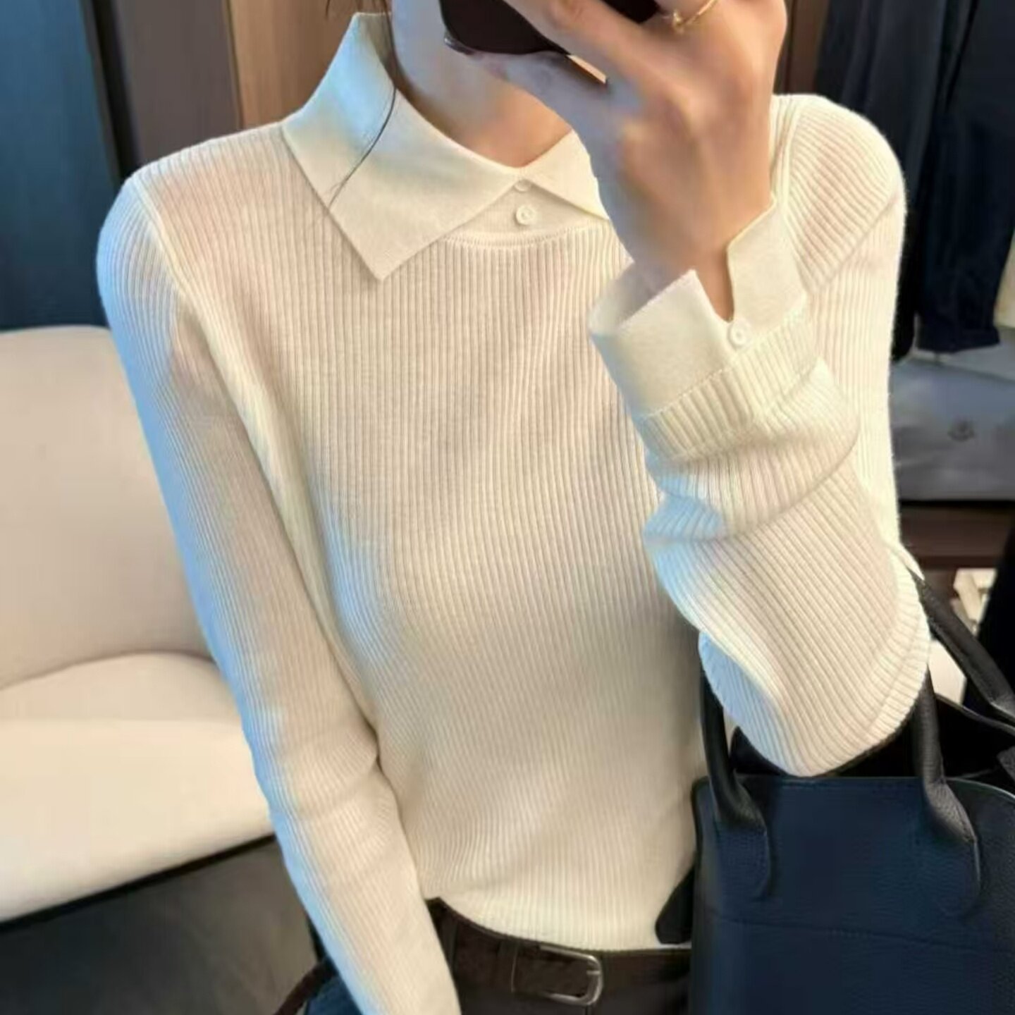 2025冬新款韩版宽松休闲时尚显瘦细羊毛长袖针织衫小翻领毛衣女