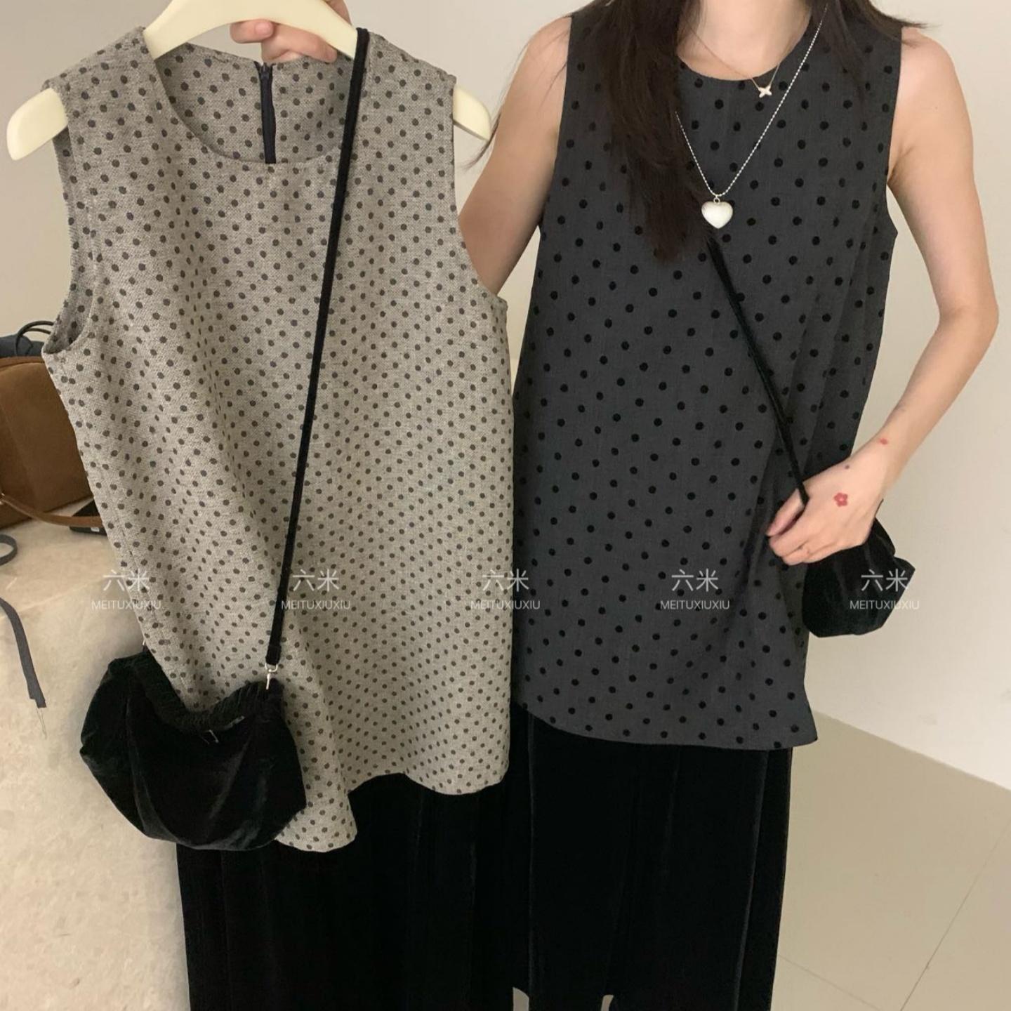 2025早秋新款韩版宽松休闲时尚显瘦圆领无袖假两件波点连衣裙女