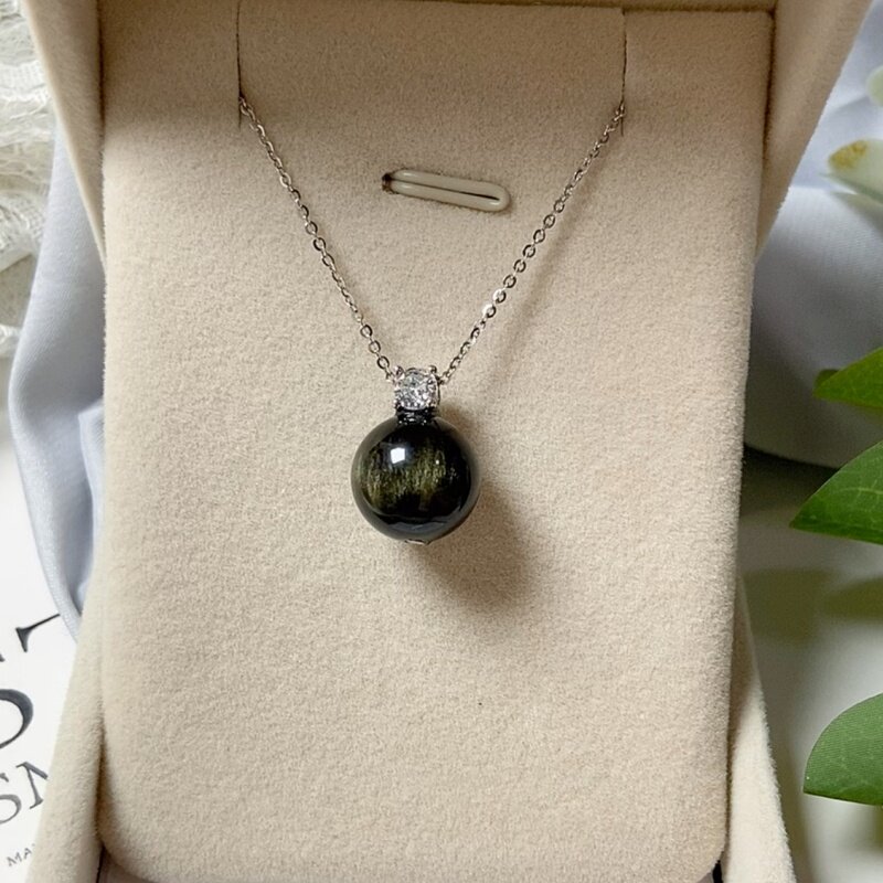 天然金曜石转运珠吊坠925银项链女黑曜石水晶锁骨链缺水补水饰品