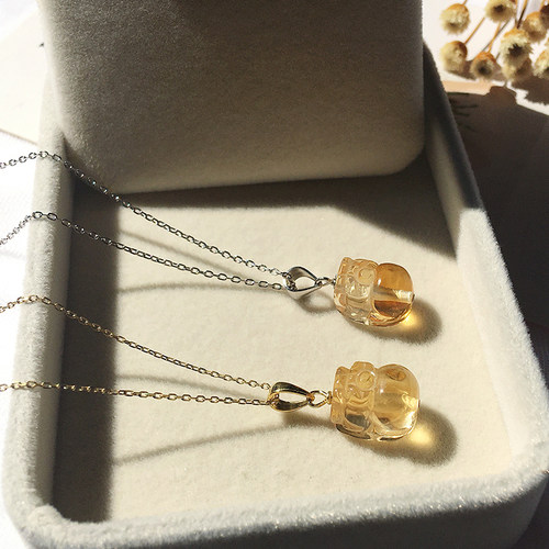 天然黄水晶貔貅吊坠纯银项链饰品