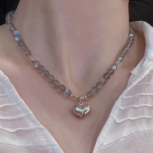 天然灰月光石串珠项链爱心吊坠小众高级感拉长石锁骨链女饰品礼物