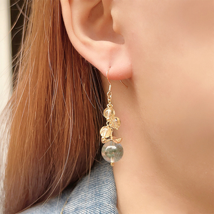 天然水晶绿幽灵金发晶耳环女长款简约气质防过敏耳坠14k包金耳饰