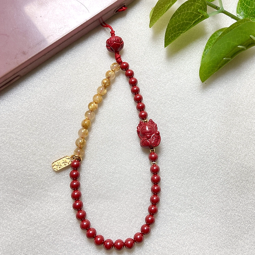 天然朱砂手机链挂件金发晶挂绳