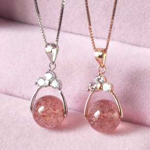 草莓晶粉晶项链女锁骨链短款 S925纯银天然水晶水滴招桃花吊坠饰品
