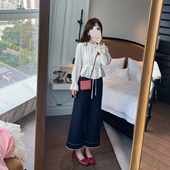 小小家 阔腿垂感不皱八分休闲裤 小个子小码 竹节棉花边直筒牛仔裤