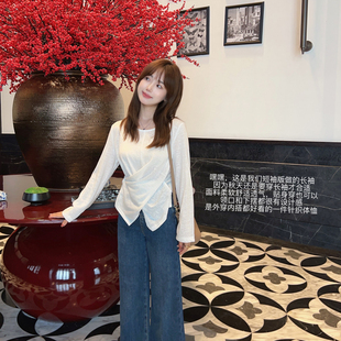 小小家 针织圆领长袖 交叉设计感T恤透气修身 上衣体恤 小个子小码