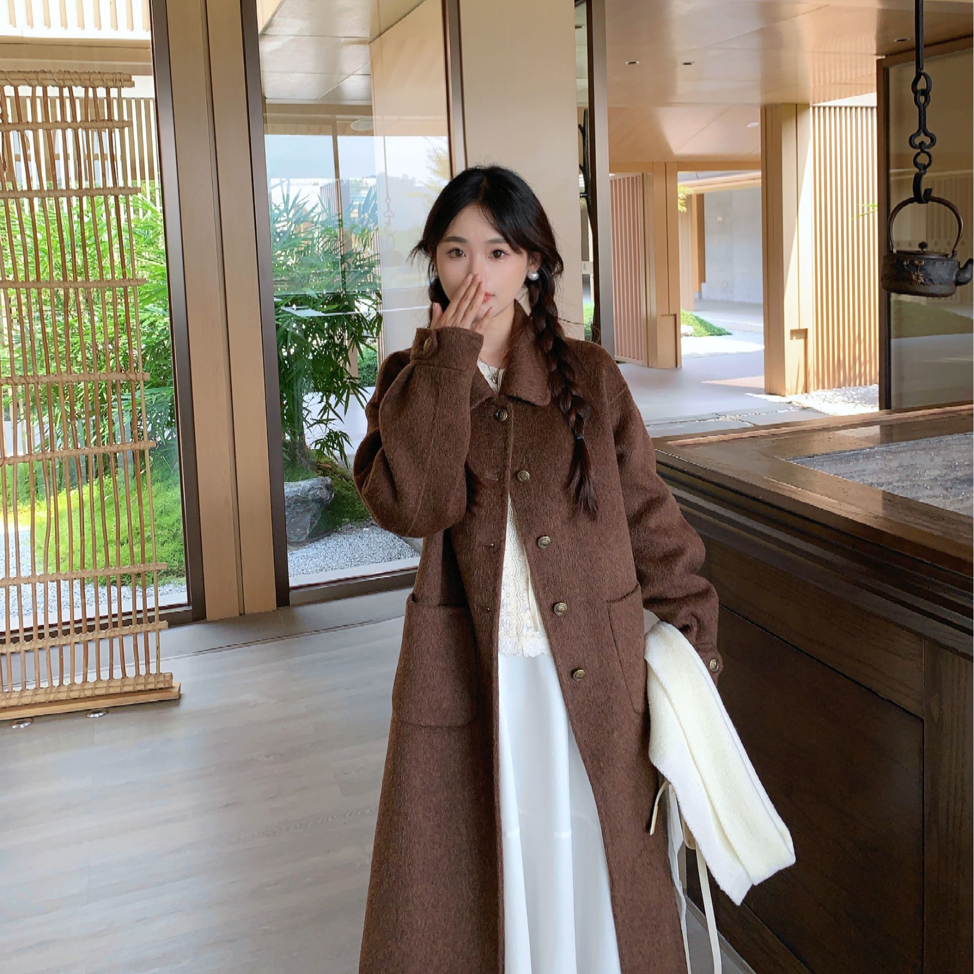 小小家 小个子小码牦牛绒单排扣小翻领手工双面呢羊毛大衣外套150