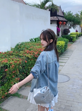 小小家 小个子小码做旧浅蓝色牛仔衬衫长袖25年春新款薄款衬衣150