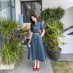 水洗棉复古牛仔连衣裙三七分显高瘦一排扣中长裙 小小家小个子薄款