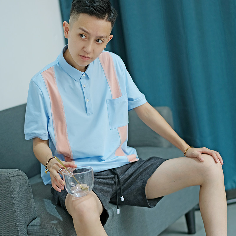 熙米家2020蓝色拼粉色polo杉les中性风帅t无性别中性