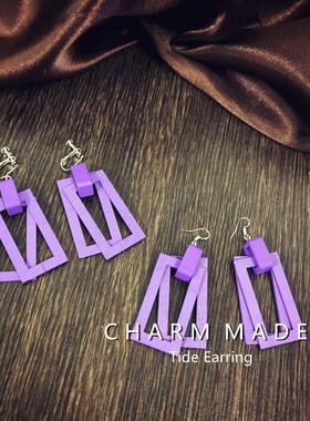 紫色耳环女韩国气质长款吊坠个性百搭木质方形无耳洞耳夹