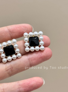 高级感vintage复古气质赫本风方形珍珠耳环耳钉女