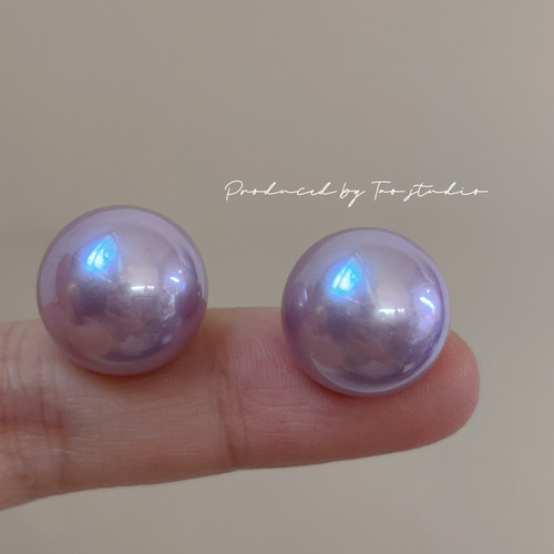 16mm浪漫紫馒头珍珠耳环女小众设计气质高级感耳钉耳饰耳夹无耳洞