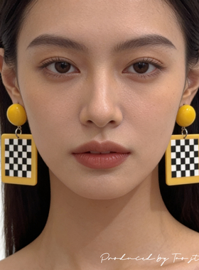 韩国黑白棋盘格耳环网红气质黄色耳钉女高级感复古风方形耳饰耳夹