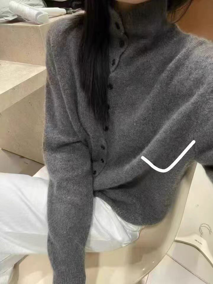 韩系纯色山羊绒衫高领软糯长袖翻领单排扣羊毛针织毛衣开衫外套女