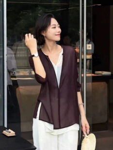 老钱风紫色v领假两件套夏装长袖乔其纱衬衫薄款宽松防晒衣女罩衫