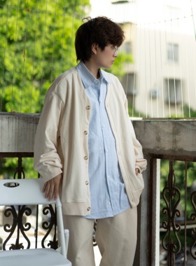 青年Culture】假两件针织开衫拼蓝色细条纹衬衫温润少年秋冬外套