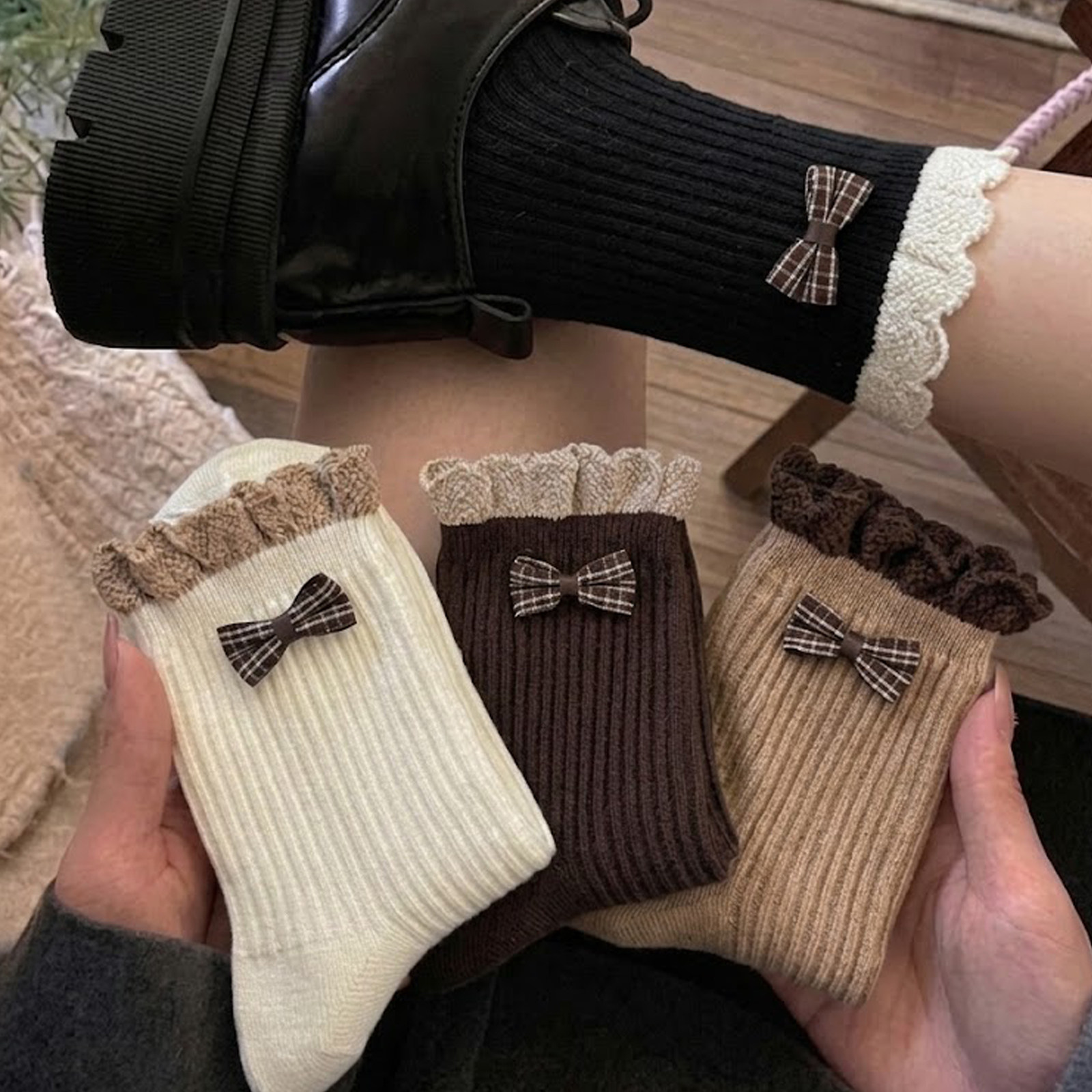 日系木耳边格纹蝴蝶结袜子女复古花边中长袜百搭乐福鞋网红堆堆袜