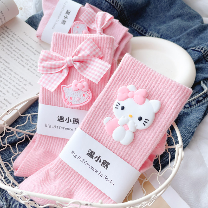 日系甜美原创卡通小猫花朵粉色格子蝴蝶结装饰中筒袜少女公主jk潮