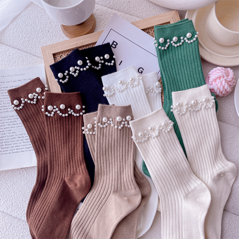日系甜美珍珠中筒袜女