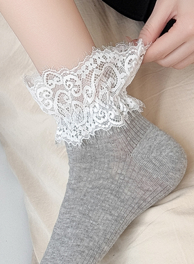 黑白色蕾丝大花边袜子女短袜潮日系甜美公主袜jk搭配乐福鞋中筒潮