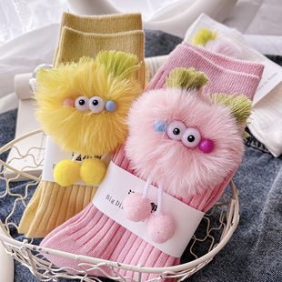 春秋立体可爱毛绒玩偶个性时尚搞怪创意可爱带毛球高腰中筒长袜潮