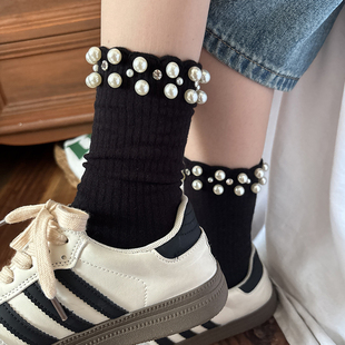 四季韩版小花边双排钻珍珠女士中筒袜ins网红新款黑色珍珠堆堆袜