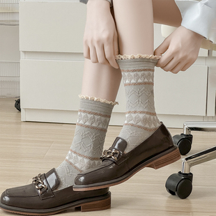 袜子女秋冬复古花边堆堆袜森系文艺网红宫廷风菱形格条纹中筒袜棉