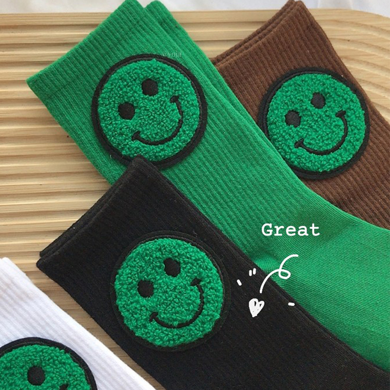 女袜时尚毛毛笑脸绿色春秋可爱螺纹堆堆袜韩国个性百搭潮流中筒袜