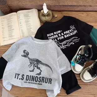 儿童长袖T恤2026秋季新款男童秋装痞帅套头衫宝宝假两件打底衫潮