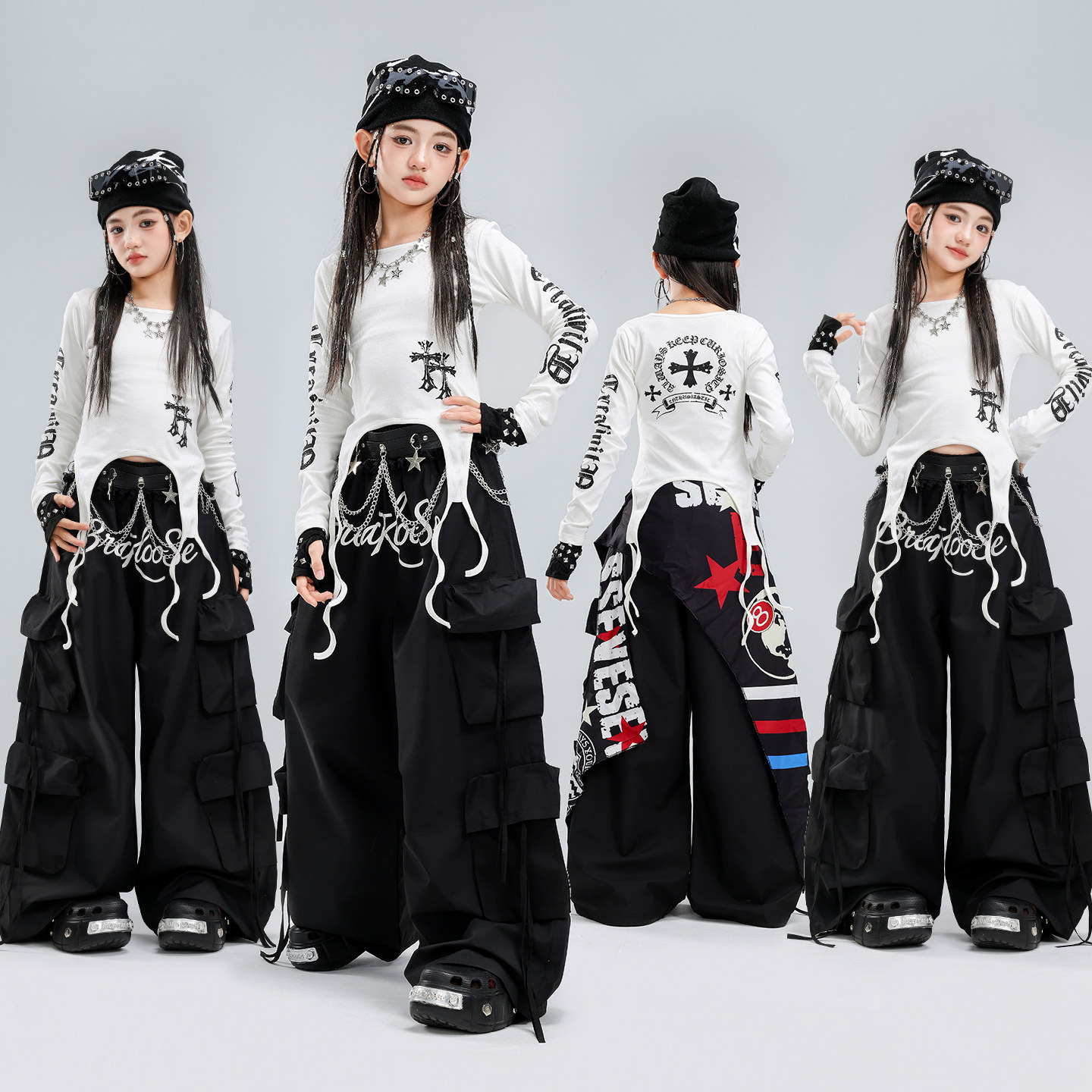 女团jazz爵士舞服装韩版白色长袖工装裤舞蹈练功服女童街舞演出服