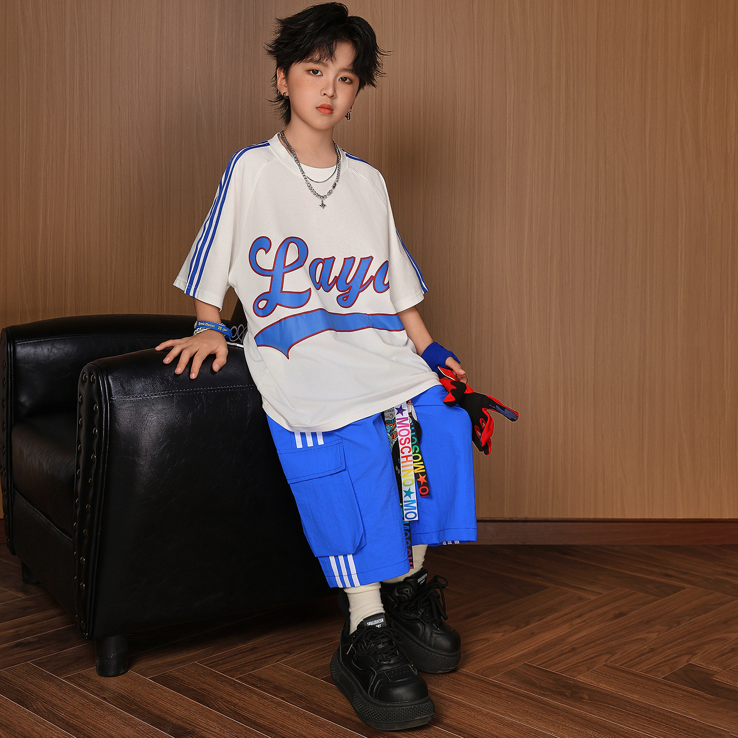 街舞服装儿童嘻哈白色T恤短裤套装hiphop舞蹈练功服架子鼓演出服