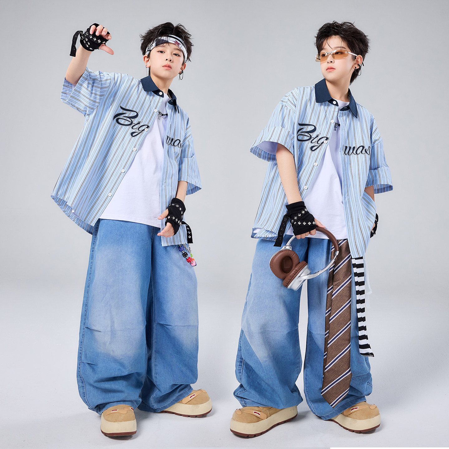 儿童复古衬衫嘻哈街舞演出服套装图片