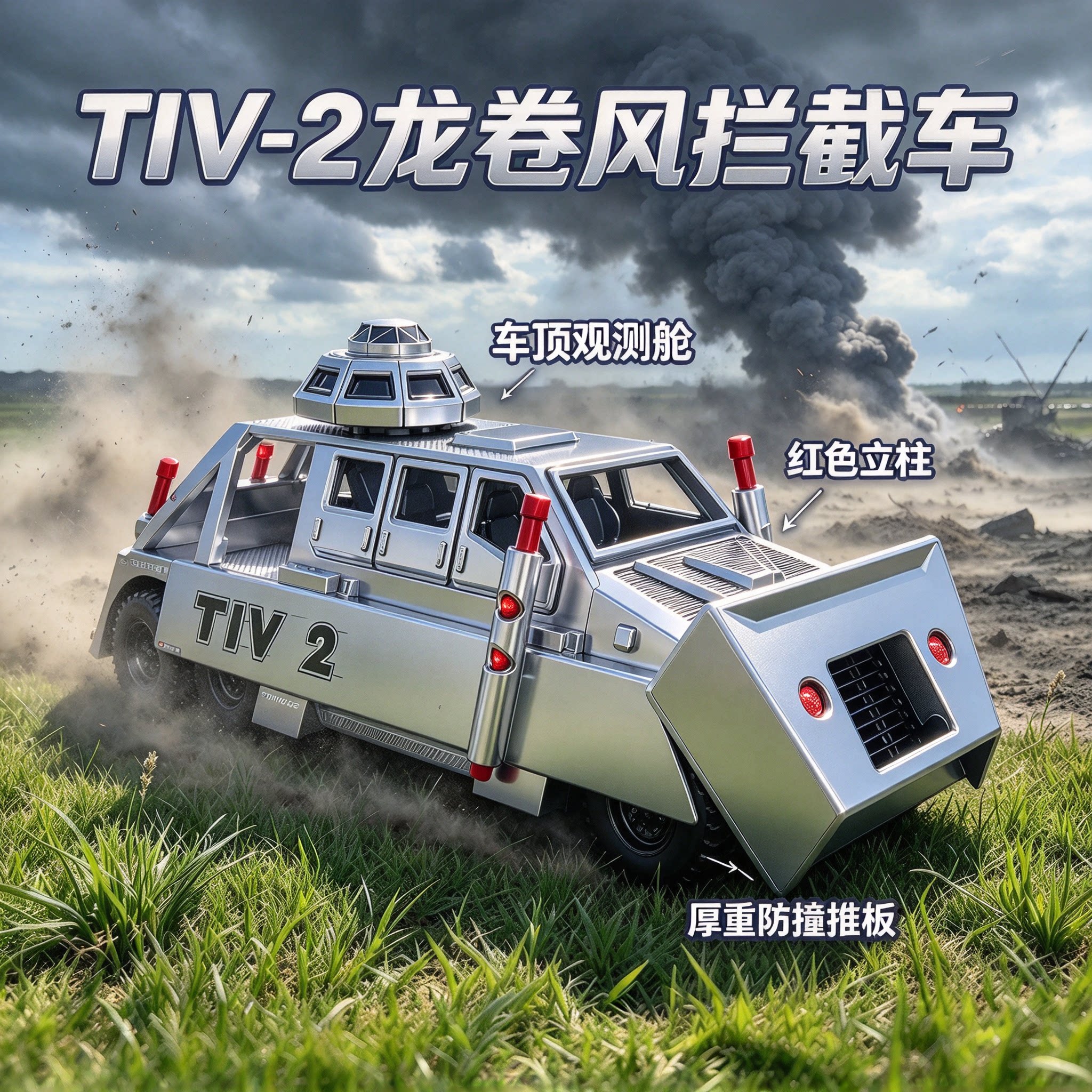 银色银色金属质感TIV2龙卷风拦截车模型儿童玩具风暴车模赛车摆件