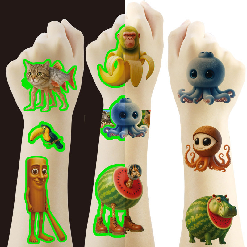 礼盒装抽象AI山海经夜光纹身贴水转印一次性贴纸儿童手臂手表贴画