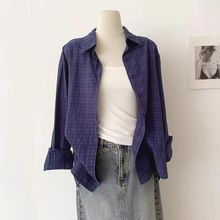 美式复古格子衬衫女春夏季薄款防晒上衣宽松长袖衬衣外套