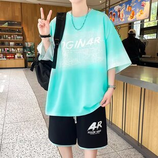 胖子大码运动休闲套装男生夏季薄款青少年学生短袖短裤一套搭配潮