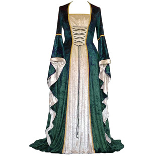 金丝绒喇叭袖 复古气质收腰休闲连衣裙中世纪欧洲宫廷长款 及地女裙