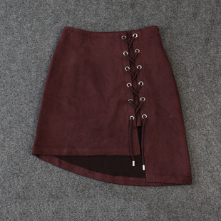 艾格春季 甜美休闲百搭紫红色纯色系带半身裙