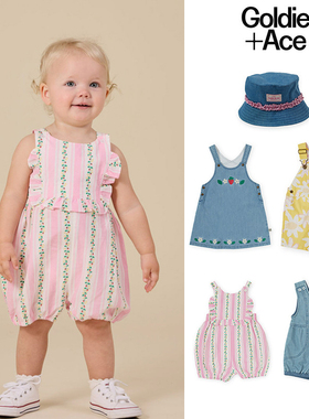 Little现货 澳洲Goldie Ace SS26春夏女宝印花牛仔背带裤遮阳帽