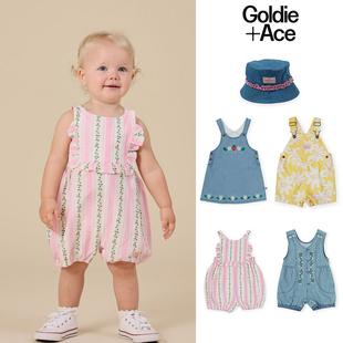 Little现货 澳洲Goldie Ace SS26春夏女宝印花牛仔背带裤遮阳帽